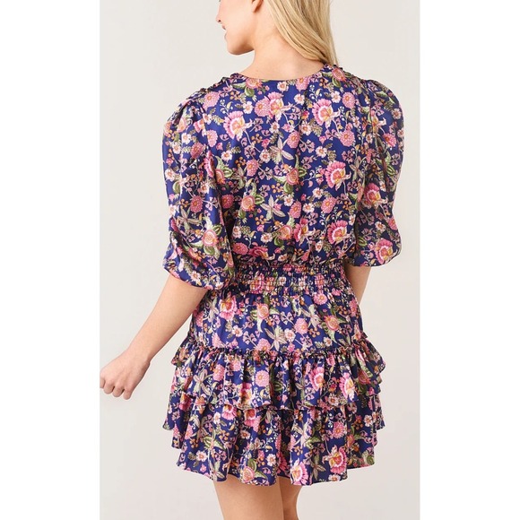 MISA Los Angeles Floral Mini‎ Dress Smocked Ruffle V Neck Short Sleeve XL - Picture 5 of 16